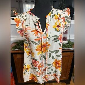 DR2 Women’s Floral Ruffle Sleeve Top - Orange and Green